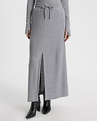 Express Women's High Waisted Glitter Waffle Drawstring Maxi Skirt in Silver Heather Gray