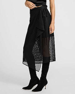 Express Women's High Waisted Textured Mesh Asymmetrical Wrap Midi Skirt in Black 0