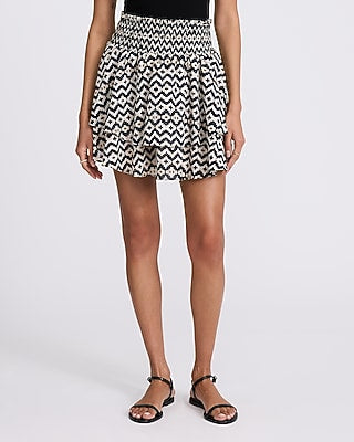 Express Women's High Waisted Printed Smocked Waist Tiered Mini Skirt in Neutral Print