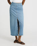Express Women's High Waisted Front Slit Maxi Denim Skirt in Light Wash