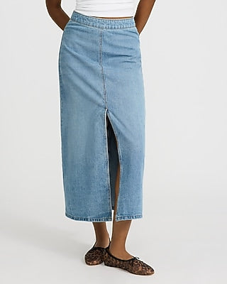 Express Women's High Waisted Front Slit Maxi Denim Skirt in Light Wash
