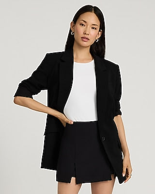 Express Women's Studio Stretch Twill High Waisted Slit Front Mini Skort in Pitch Black