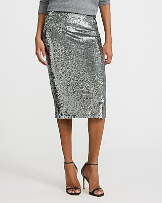 Express Women's Sequin High Waisted Midi Pencil Skirt in Metallic Silver