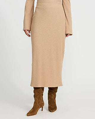 Express Women's Cozy Ribbed High Waisted Knit Midi Skirt in Pecan Heather