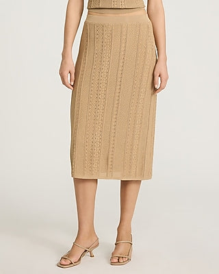 Express Women's Textured Pointelle High Waisted Midi Sweater Skirt in Brown Small