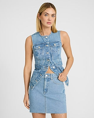 Express Women's High Waisted Raw Hem Denim Mini Skirt in Light Wash