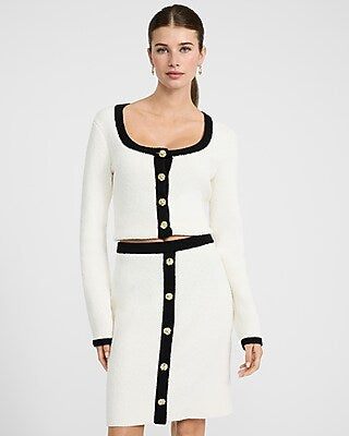 Express Women's Tipped High Waisted Novelty Button Mini Sweater Skirt in Soft Ivory