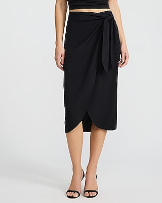 Express Women's High Waisted Tie Wrap Midi Skirt in Pitch Black