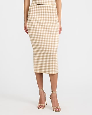 Express Women's Gingham High Waisted Fitted Sweater Midi Skirt in Straw Tan