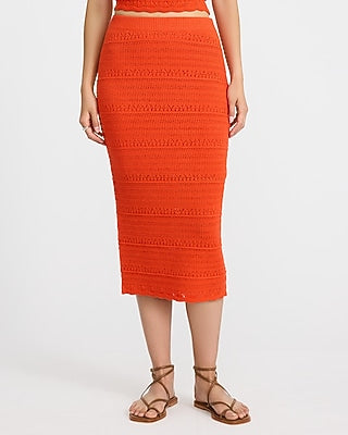 Express Women's Textured Pointelle High Waisted Midi Sweater Skirt in Orange Small