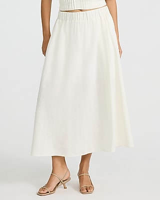 Express Women's Summer-Blend Linen High Waisted Pull On Pleated Midi Skirt in Ivory