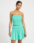 Express Women's Summer-Blend Linen High Waisted Smocked Mini Skirt in Pacific Aqua