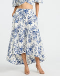 Express Women's Cotton Poplin Floral High Waisted High-Low Tiered Midi Skirt in Blue Print