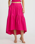 Express Women's Cotton Poplin High Waisted Tiered High-Low Midi Skirt in Pink Small