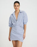 Express Women's High Waisted Striped Seersucker Ruched Mini Skirt in Blue Small