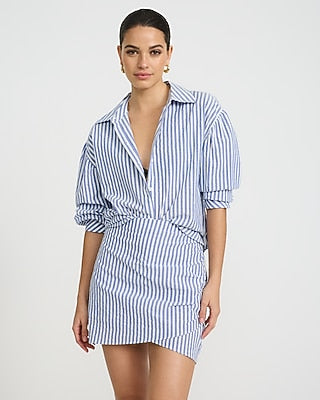 Express Women's High Waisted Striped Seersucker Ruched Mini Skirt in Blue Small