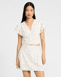 Express Women's Lace Floral High Waisted Ruched Mini Skirt in Neutral Small