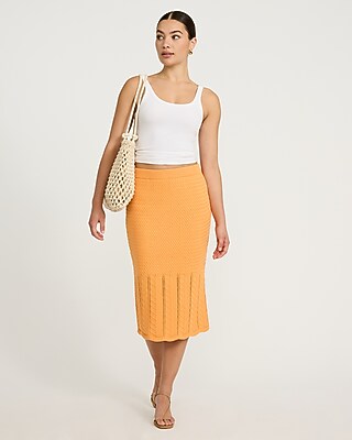 Express Women's Cotton Pointelle High Waisted Midi Sweater Skirt in Orange Small