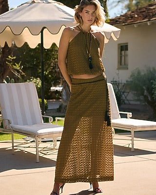 Express Women's Crochet High Waisted Pull On Maxi Skirt in Brown Small