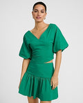 Express Women's Poplin High Waisted Drop Waist Ruffle Mini Skirt in Green 0
