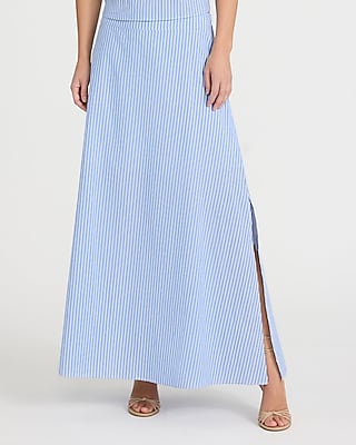 Express Women's High Waisted Striped Cotton Side Slit Maxi Skirt in Navy Stripe
