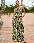 Express Women's Textured Printed High Waisted Pull On Maxi Skirt in Green Print