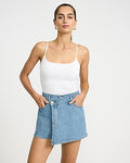 Express Women's High Waisted Light Wash Asym Wrap Denim Skort in Blue 0