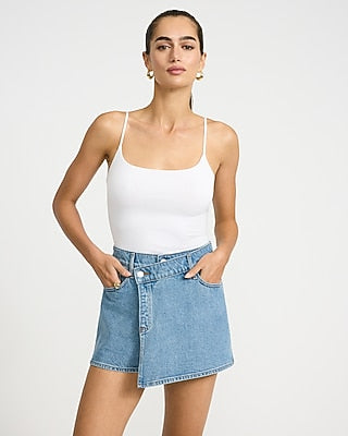 Express Women's High Waisted Light Wash Asym Wrap Denim Skort in Blue 0