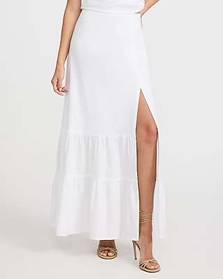 Express Women's Stretch Cotton Poplin High Waisted Tiered Maxi Skirt in White Small
