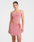 Express Women's Summer-Blend Linen Printed High Waisted Tie Wrap Mini Skirt in Red Print
