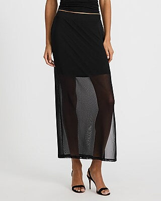 Express Women's Mesh High Waisted Side Slit Maxi Skirt in Pitch Black