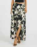 Express Women's Printed High Waist Petal Front Slit Maxi Skirt in Black Print