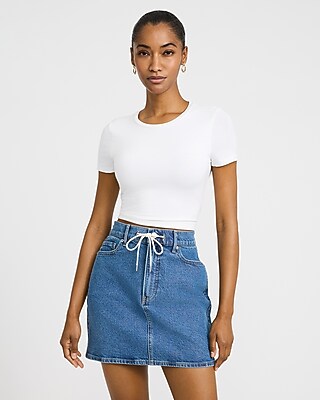 Express Women's High Waisted Medium Wash Tie Waist Denim Mini Skirt in Blue 0