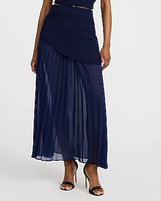 Express Women's Mixed Media Sheer Chiffon Sweater Midi Skirt in Classic Navy