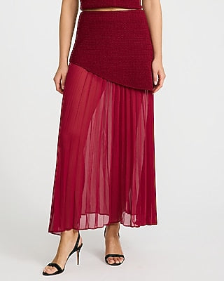 Express Women's Mixed Media Sheer Chiffon Sweater Midi Skirt in Red Small