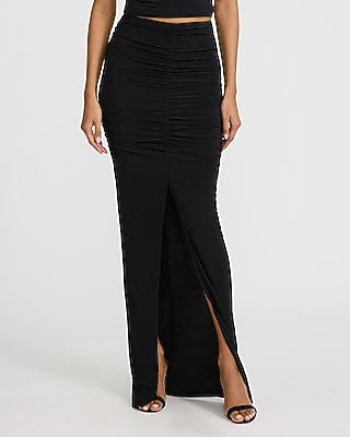 Express Women's High Waisted Ruched Front Slit Maxi Skirt in Black Small