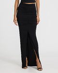Express Women's High Waisted Ruched Front Slit Maxi Skirt in Pitch Black