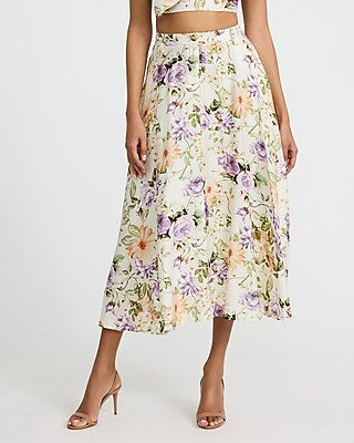 Express Women's Floral High Waisted Midi Skirt in Ivory