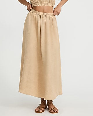 Express Women's Crinkle High Waisted Elastic Waist Midi Skirt in Neutral Small