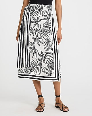 Express Women's Printed High Waisted Wrap Tie Midi Skirt in B&w Print