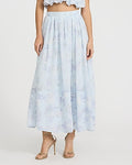 Express Women's Floral Chiffon High Waisted Pull On Maxi Skirt in Blue Print