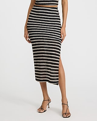 Express Women's Crochet Striped High Waisted Midi Skirt in Pitch Black