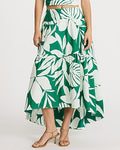 Express Women's Cotton Poplin Floral High Waisted Tiered High-Low Midi Skirt in Green Print