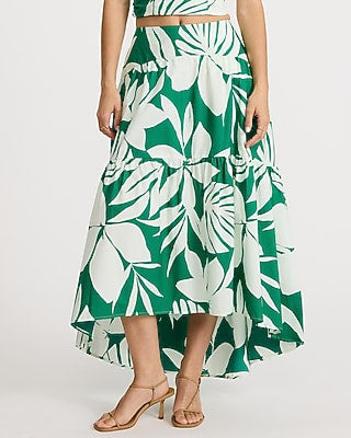 Express Women's Cotton Poplin Floral High Waisted Tiered High-Low Midi Skirt in Green Print