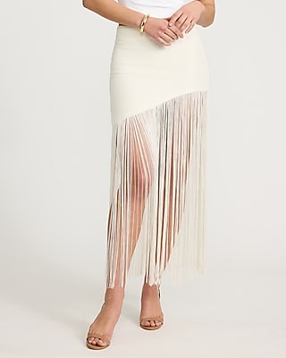 Express Women's High Waisted Fringe Midi Skirt in Ivory