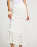 Express Women's Crochet High Waisted Ruffle Hem Maxi Skirt in White Small