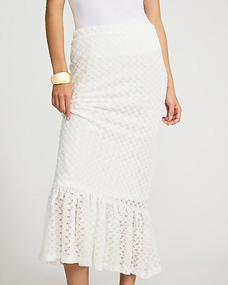 Express Women's Crochet High Waisted Ruffle Hem Maxi Skirt in White Small