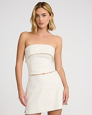 Express Women's Editor Linen-Blend Super High Waisted Striped Mini Skort in Neutral Stripe