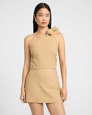 Express Women's Editor Summer-Blend Linen Super High Waisted Mini Skort in Brown 0