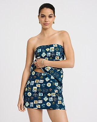 Express Women's Editor Summer-Blend Linen Super High Waisted Mini Skort in Blue Print